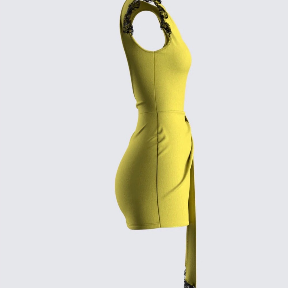 Finesse Yellow Mini Dress with Black Lace Accent - Picture 2 of 5